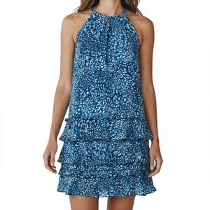 NWT RAMY BROOK Blue Patterned Sleeveless Halter Layered Ruffle Dress Size Large